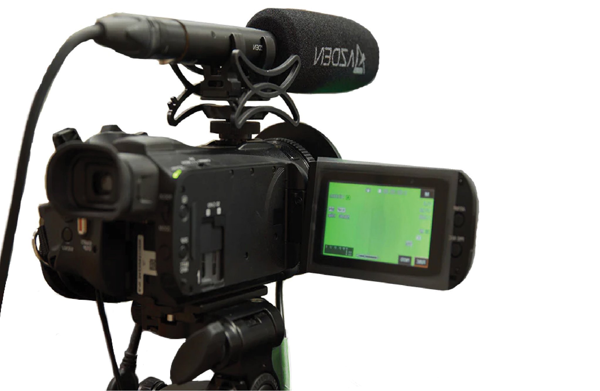 Video camera with microphone on a tripod