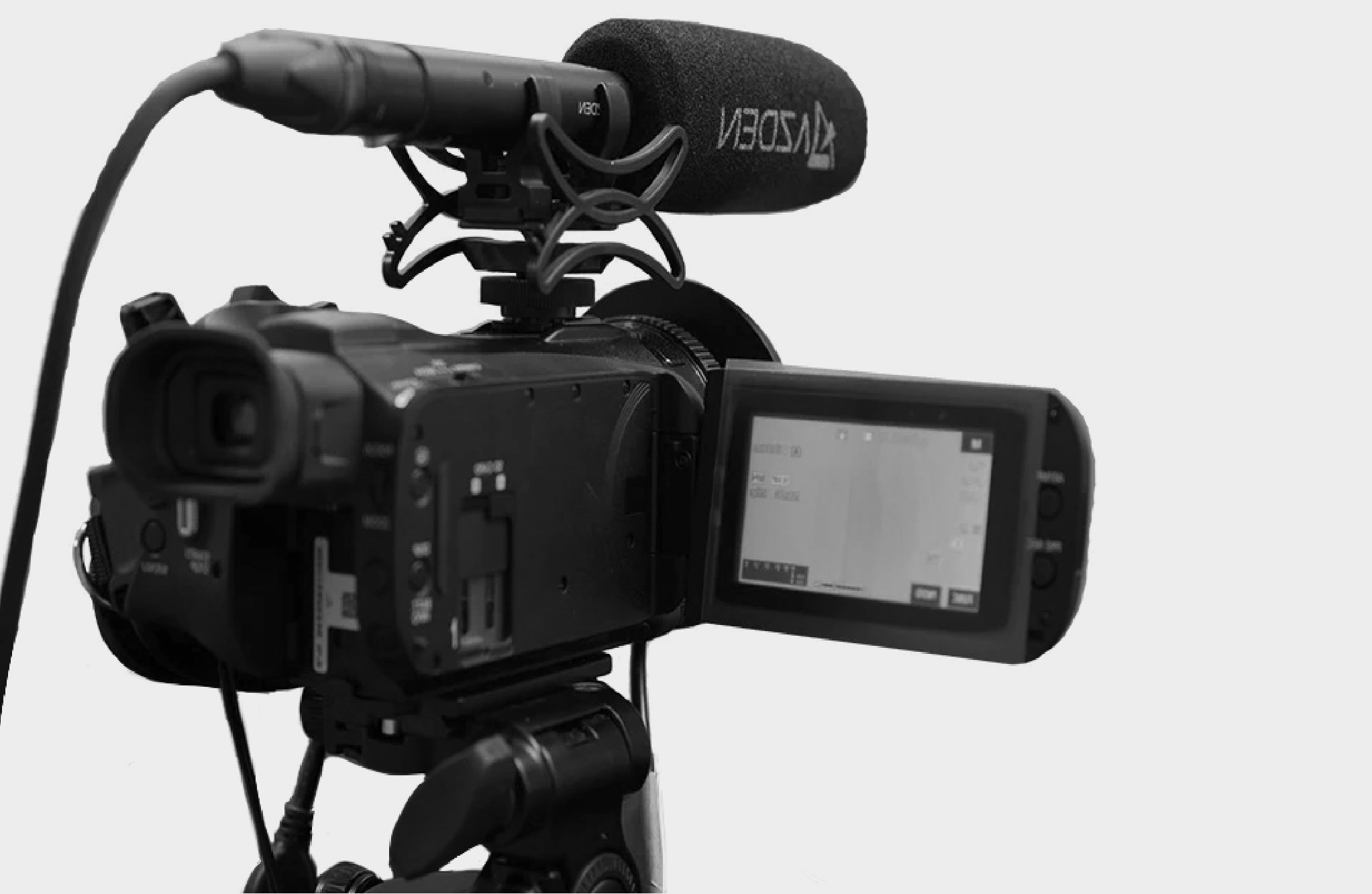 Video camera with microphone on a tripod
