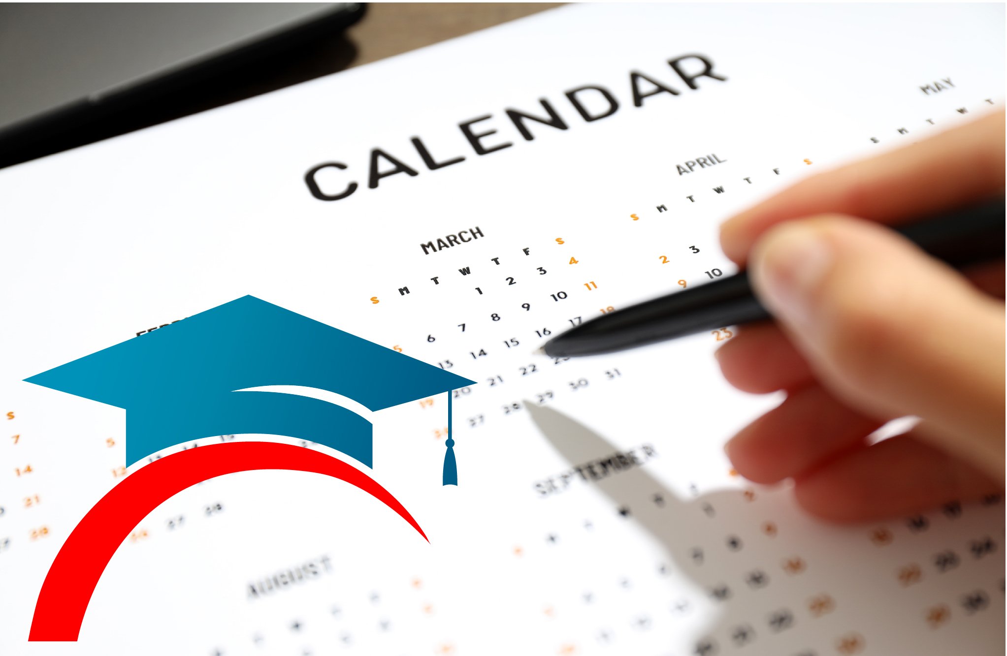 Hand marking dates on a calendar next to a graduation cap icon