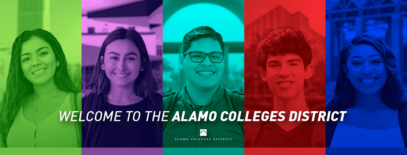 Text: Welcome to the Alamo Colleges District, Image: Five smiling students each represented with their their college colors,