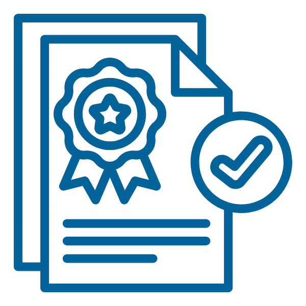 Accreditation blue icon graphic, image of a square with a ribbon