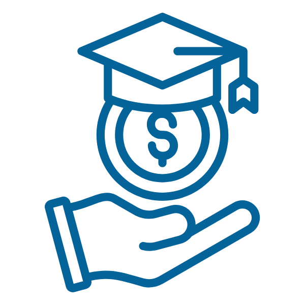 Financial Aid blue image icon graphic, hand image holding money and a graduation cap