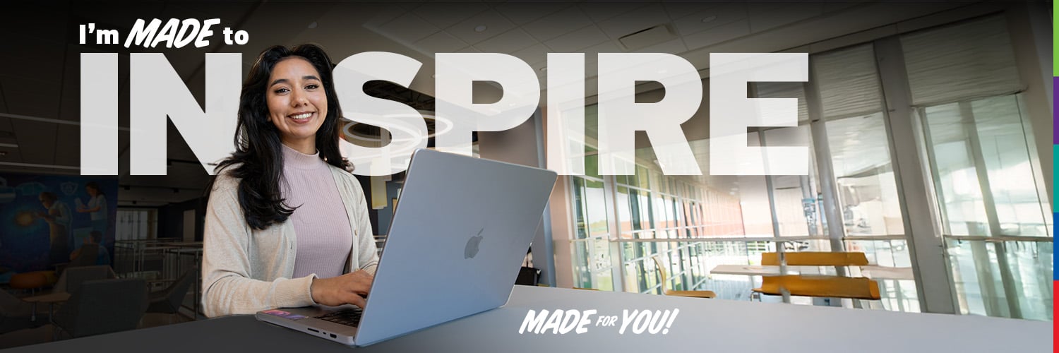 AlamoONLINE "You're Made to Inspire" graphic with female student