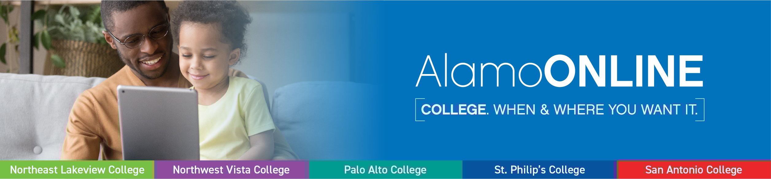 Alamo Colleges male student parent studying with son using a tablet and blue AlamoONLINE branding