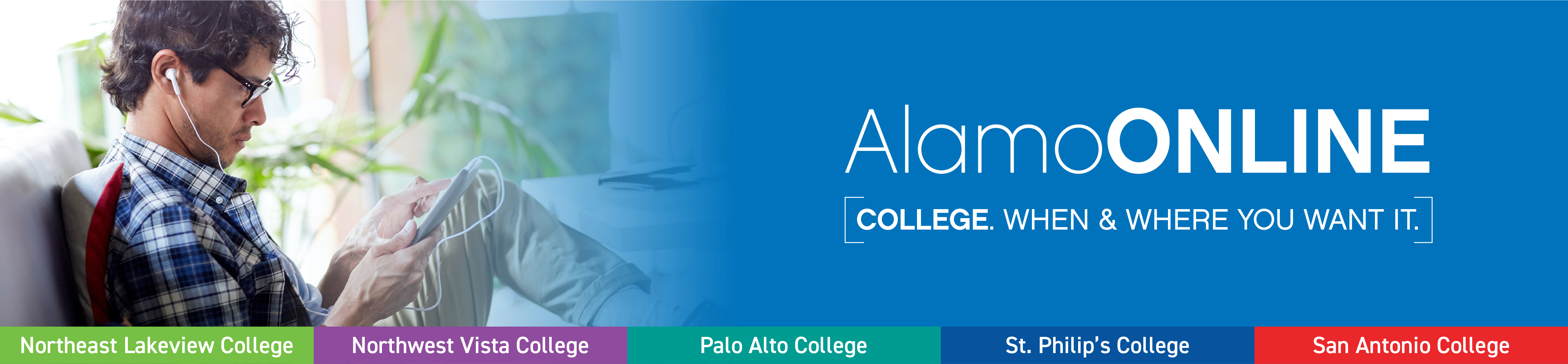 Male student studying on tablet with headphones. AlamoONLINE blue branding.