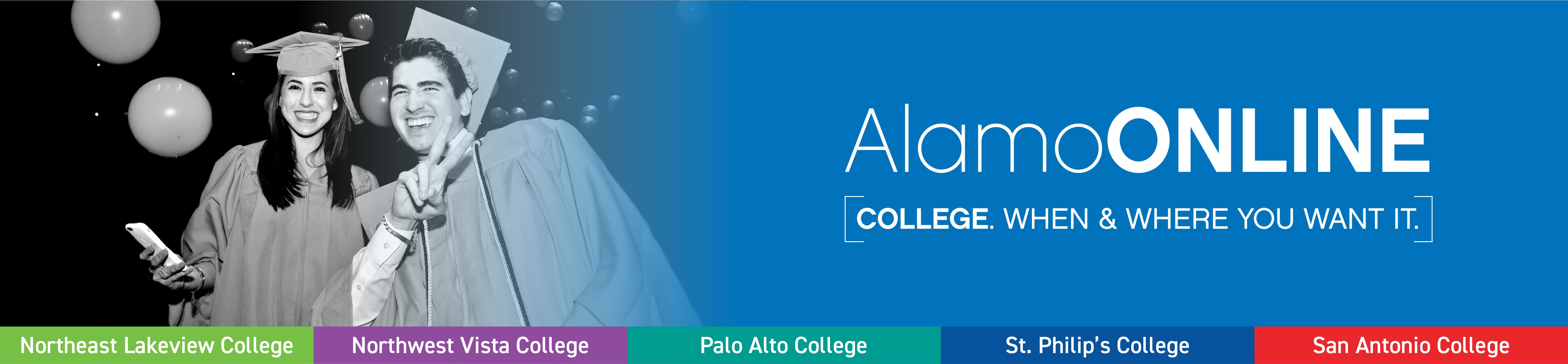 AlamoONLINE branding with image of two students in graduation gowns