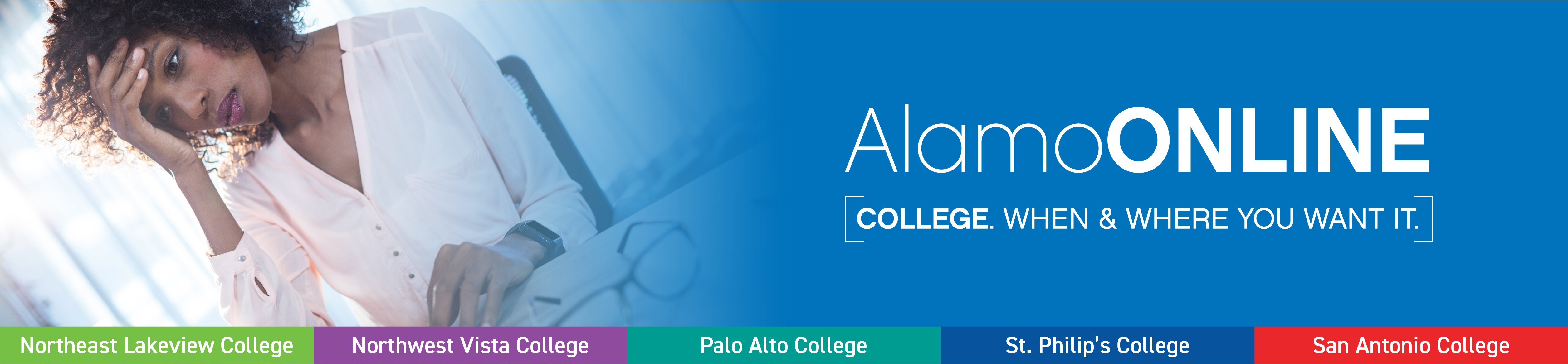 AlamoONLINE branding with female student looking at laptop frustrated