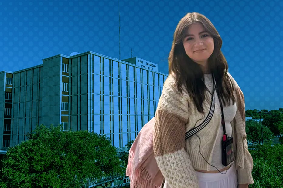 Pictured; Bianca Robles with long brown hair, wearing a cozy sweater and backpack, stands smiling in front of San Antonio College's modern building under a blue sky.