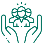 icon graphic in the shape of a hand hold students in the middle showing support