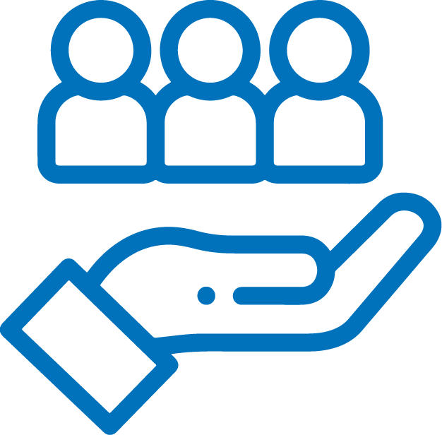 district blue icon with hand below image of people
