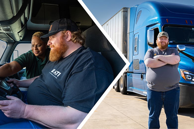 Collage | Left Photo: African american woman instructor with white red-bearded male student in a truck | Right Photo: red-bearded male student crossing arms and smiling in front of a company truck