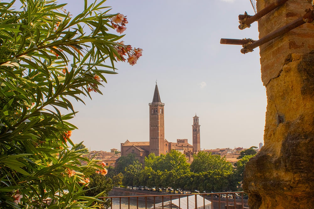 View of Verona framed by blooming oleander and an old stone wall, with historic church towers, red roofs, and trees under a warm sky.