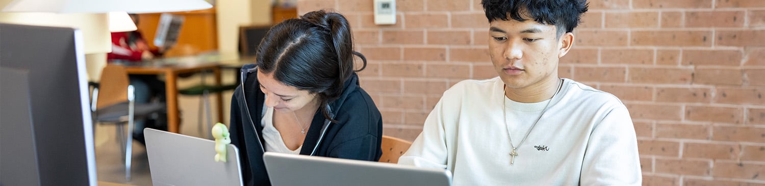 Two students collaborate on a laptop in a bright classroom, focused on their work, with a brick wall and computer monitor in the background.
