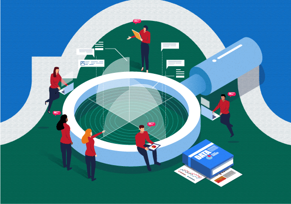 Annual Report Illustration of reporting team over Alamo Colleges Logo