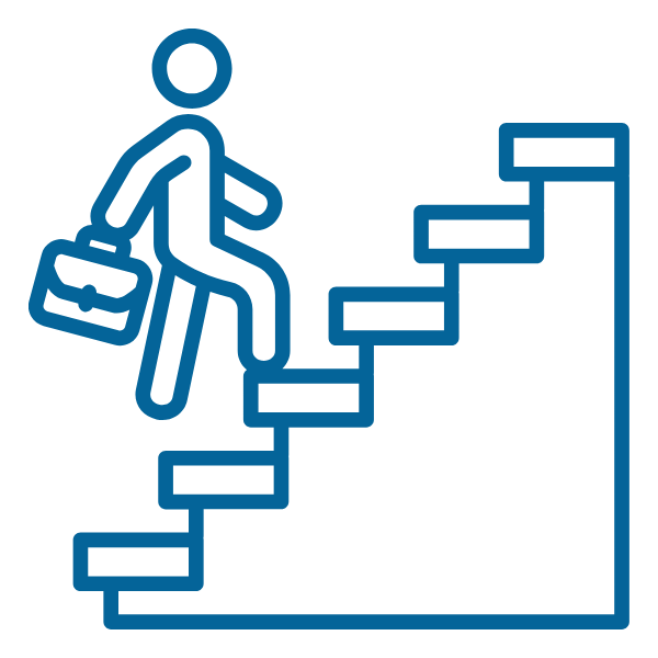 Career Services blue image icon graphic, step with a person walking up with a briefcase