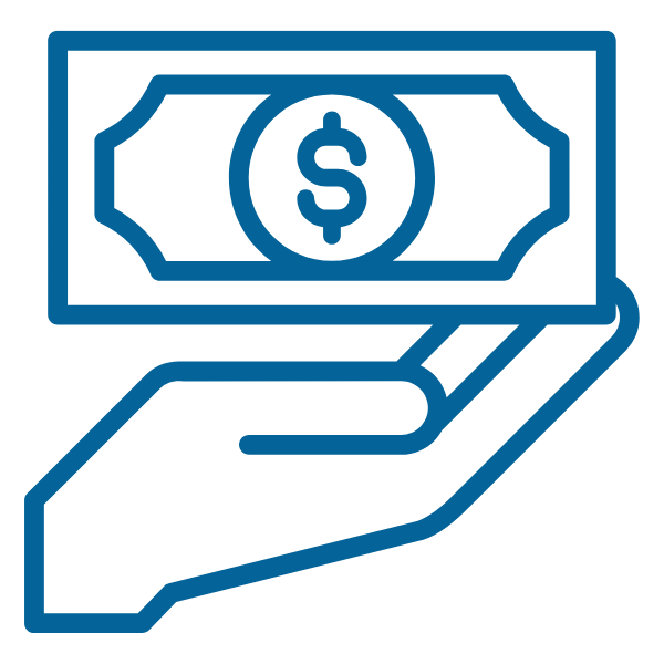 Payment Plan blue icon graphic with a money sign and a hand underneath