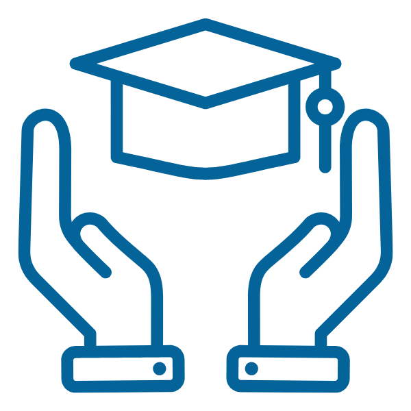 Student Support blue icon image graphic, two hands around a graduation cap