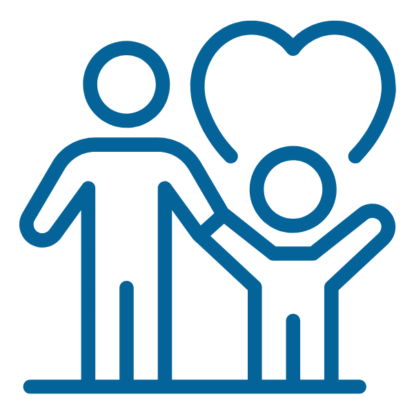 Students with Children blue icon image graphic, a tall and shot person icon with a heart shape