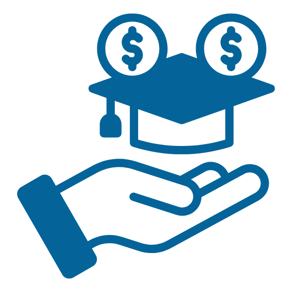 Tuition & Fees blue icon graphic with a money symbol with a hand underneath