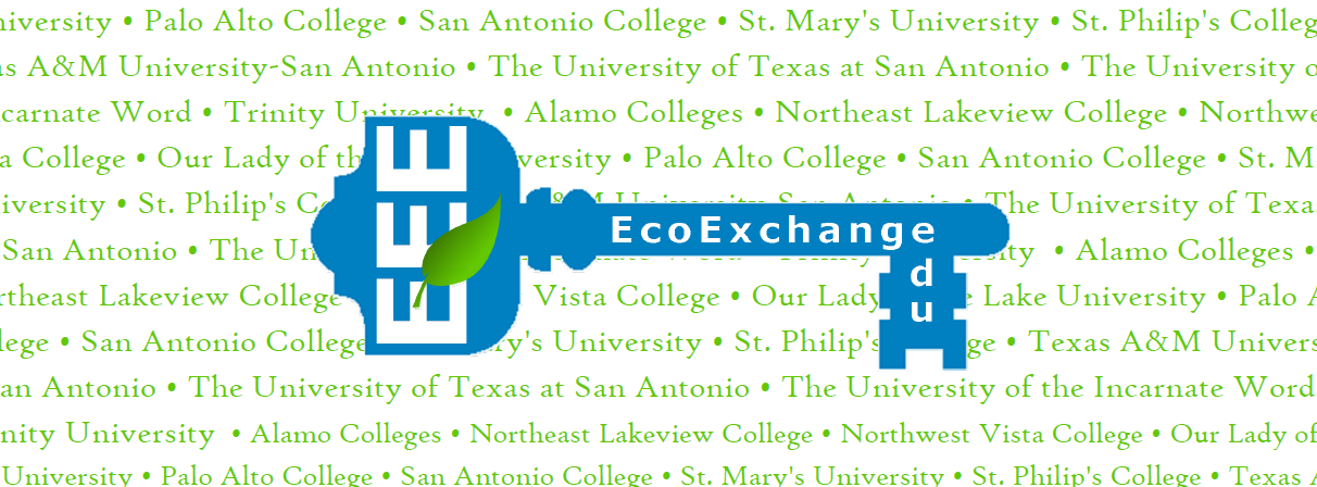 EcoExchangeEdu logo with names of colleges in background