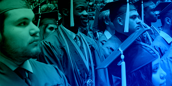 photo of smiling graduates flipping their tassles with a ACD brand blue & green gradient overlay