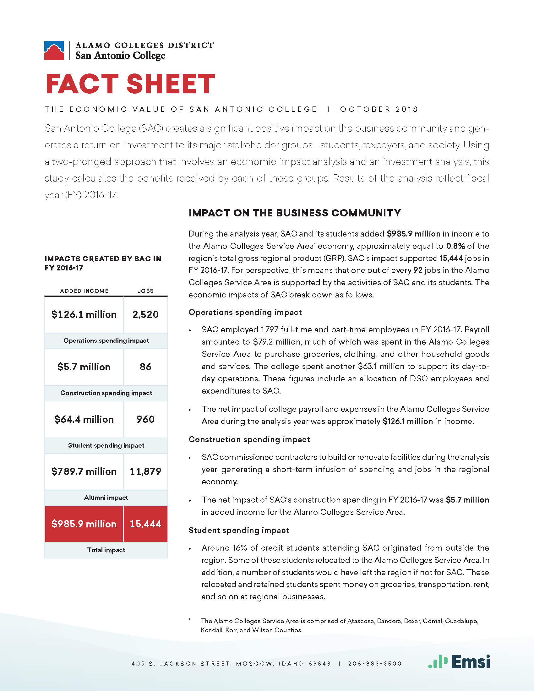 San Antonio College Fact Sheet Front Page Image