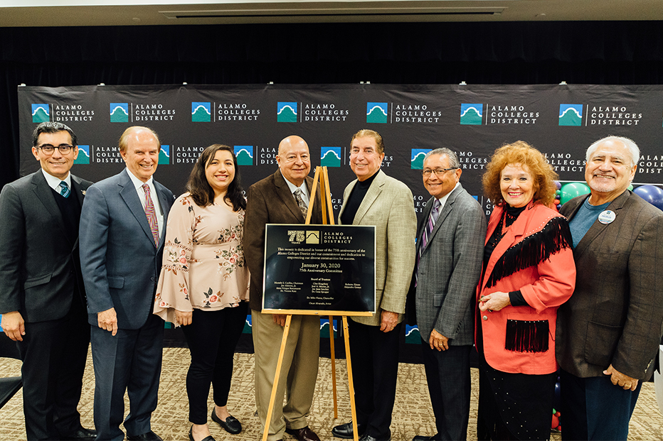 Caption: (l to r) Alamo Colleges Chancellor Dr. Mike Flores, Bexar County Judge Nelson Wolff, Student Trustee Alejandra Gomez, Board Chair Marcello Casillas, Board Vice-Chair Joe Alderete, Jr., Trustees Roberto Zárate and Dr. Yvonne Katz, and Board Asst. Secretary Joe Jesse Sanchez are all smiles while celebrating the district’s 75th anniversary.